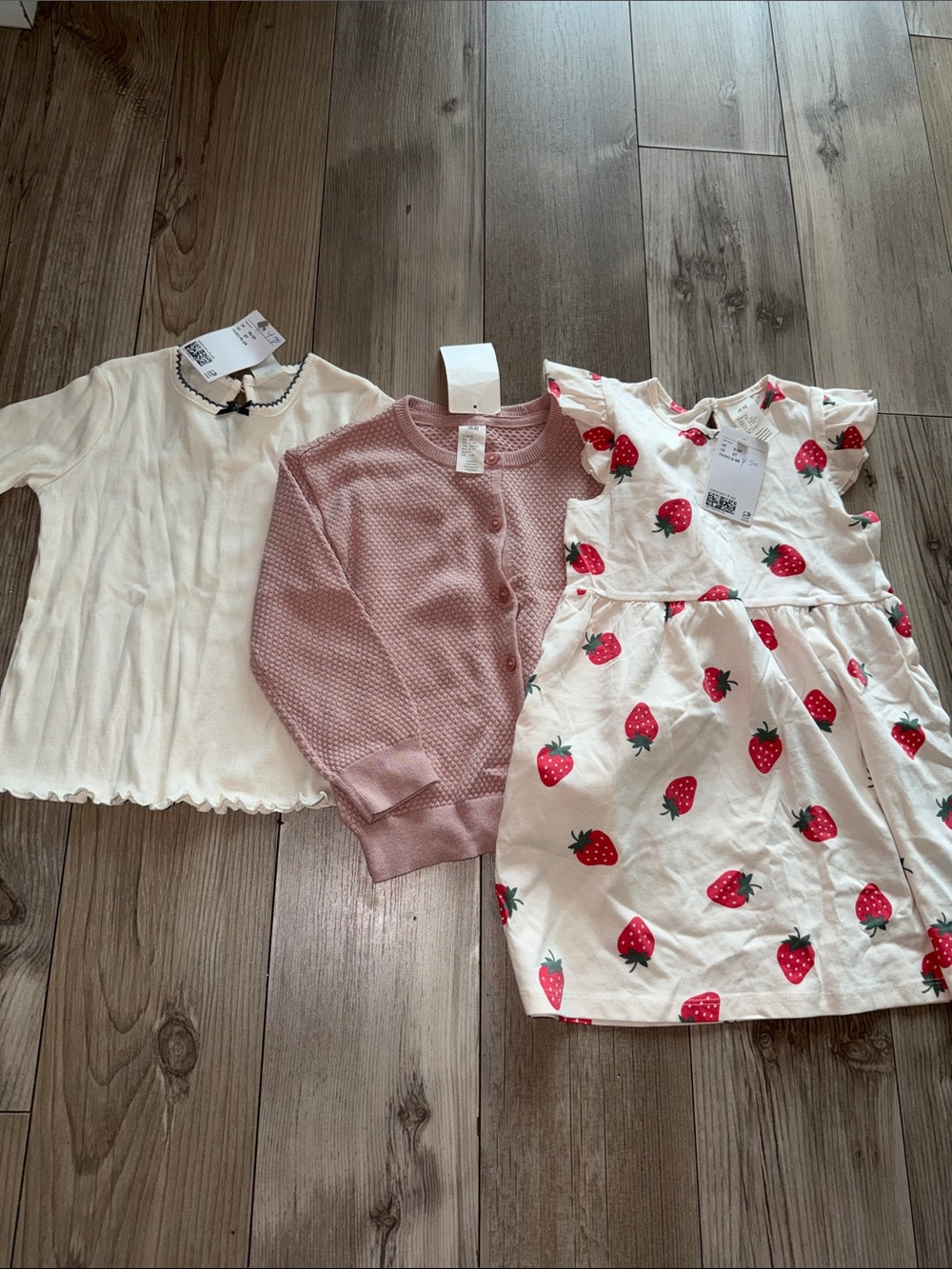 H&M White Top, Pink Cardigan, White Strawberry Print Dress